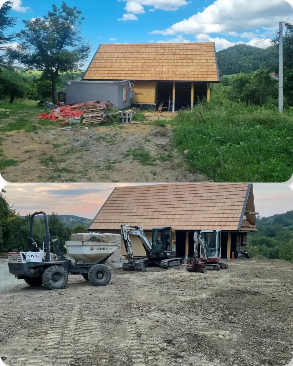 Teren przy budynku przed i po wyrównaniu i nadaniu spadków